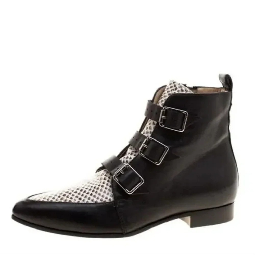 Jimmy Choo Ankle Boots Marlin Cream Snake Print &‎ Black Leather